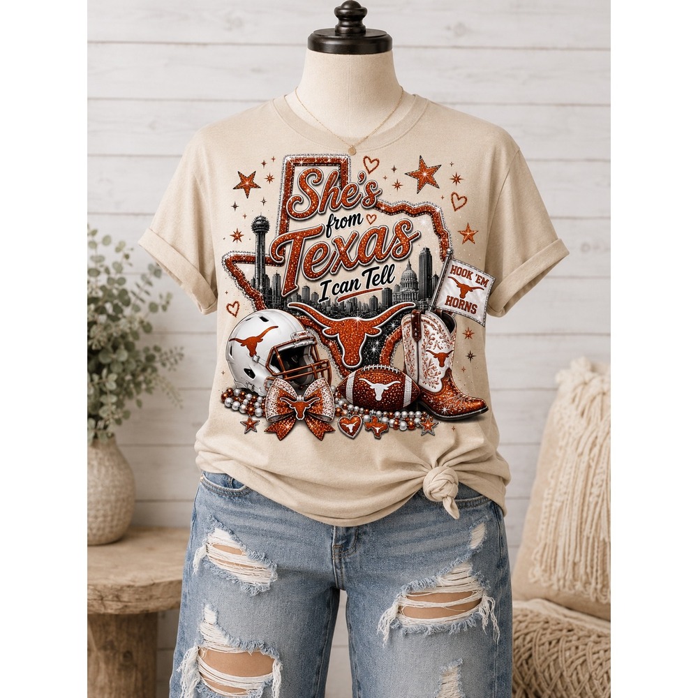 Shes From Texas I Can Tell Graphic Tee Tan Burnt Orange Longhorns Football Shirt